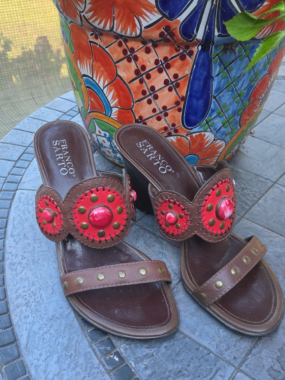 Franco Sarto Brown Leather Slide Mules with Red Medallion Accents